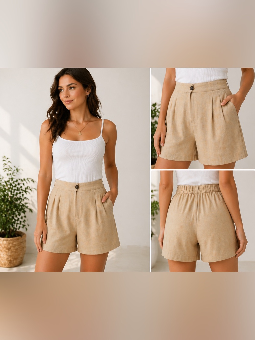 High-Waist Tan Summer Linen-Blend Women’s Shorts